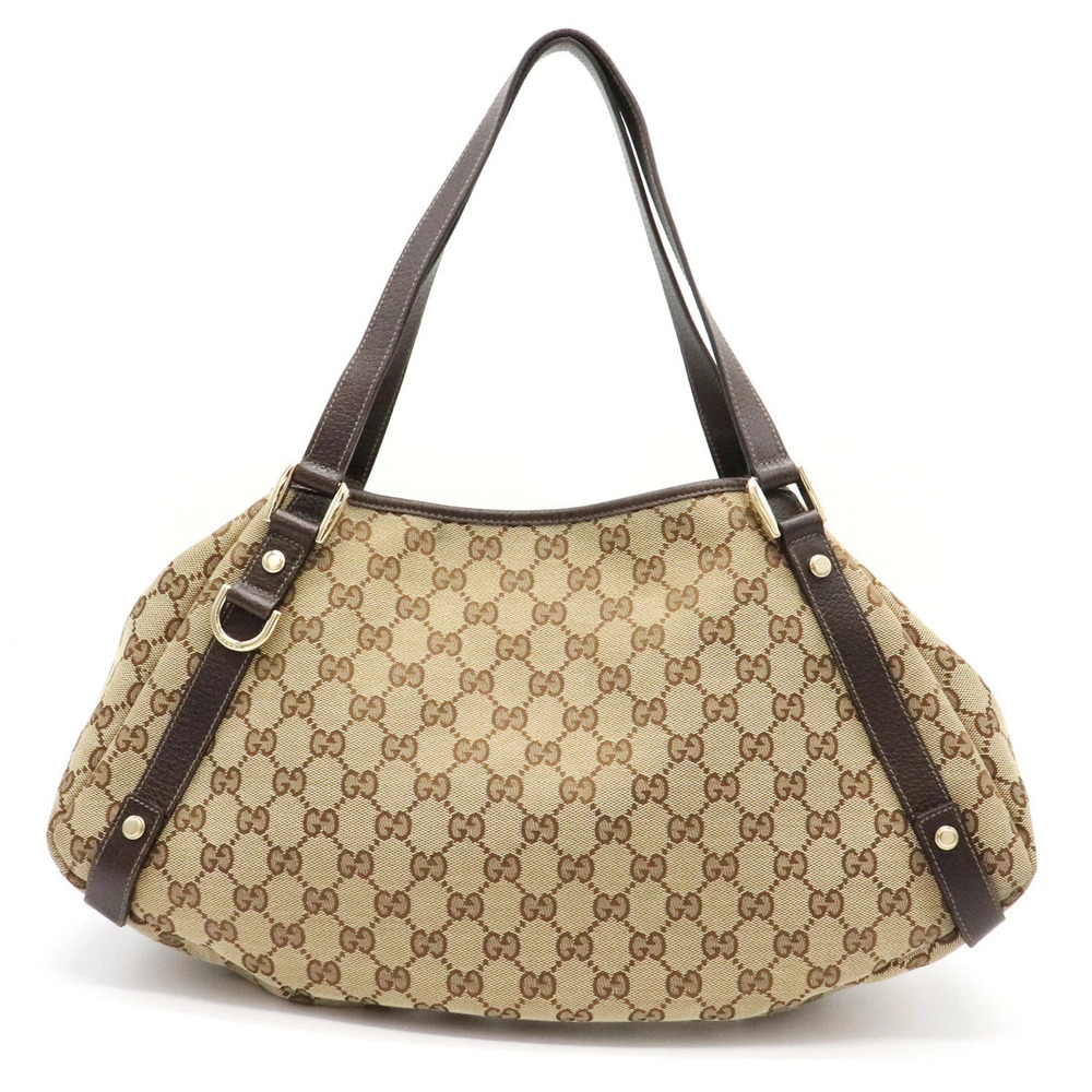 Gucci GG Canvas Shoulder Bag Tote Leather Beige Brown Cream